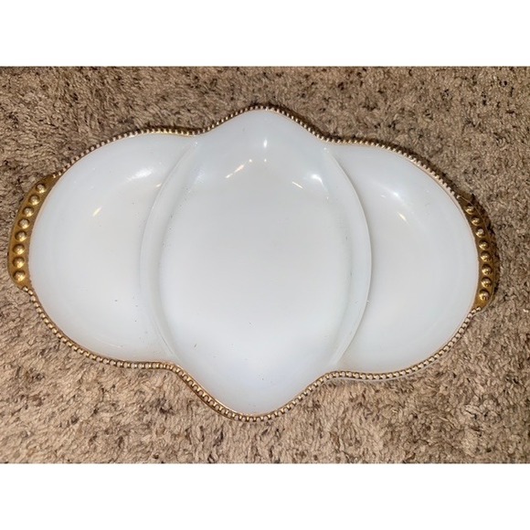 Vintage Fire King Milk Glass Oven Ware Divided Dish Gold Trim - Picture 1 of 9